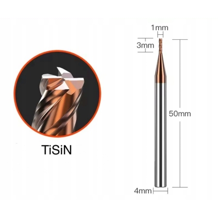 Frez palcowy VHM CNC fi 1 mm x 50 mm, HRC 55, 4F, do stali, żeliwa, metalu