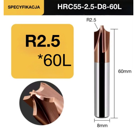 Frez ćwiartkowy wklęsły węglikowy VHM CNC R 2,5 4Z fi8 L60