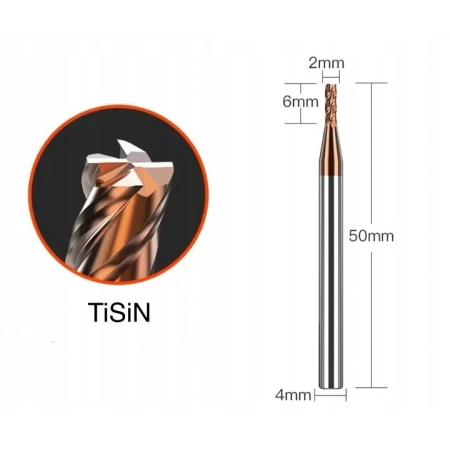Frez palcowy VHM CNC fi 2 mm x 50 mm, HRC 55, 4F do stali, żeliwa, metalu