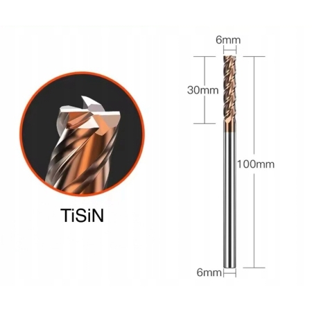 Frez palcowy VHM CNC fi 6 mm x 100 mm, HRC 55 4F do stali, żeliwa, metalu