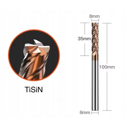 Frez palcowy VHM CNC fi 8 mm x 100 mm, HRC 55 4F do stali, żeliwa, metalu
