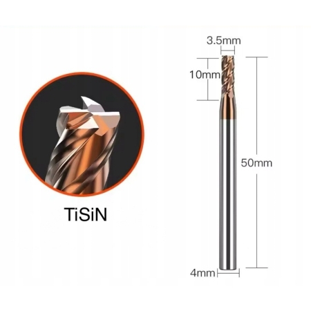 Frez palcowy VHM CNC fi 3,5 mm x 50 mm, HRC 55 4F do stali, żeliwa, metalu